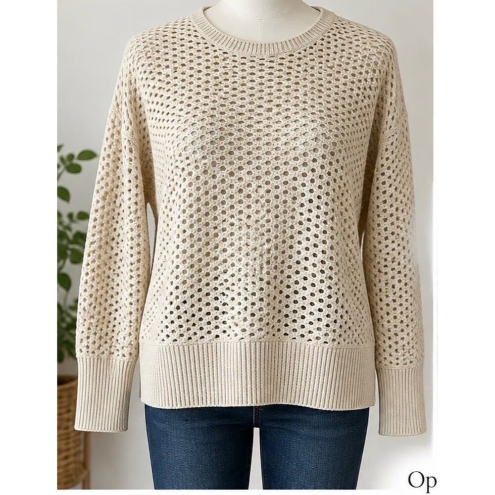 Eileen Fisher Italian Yarn Open-Knit Sweater Cream Beige Size M